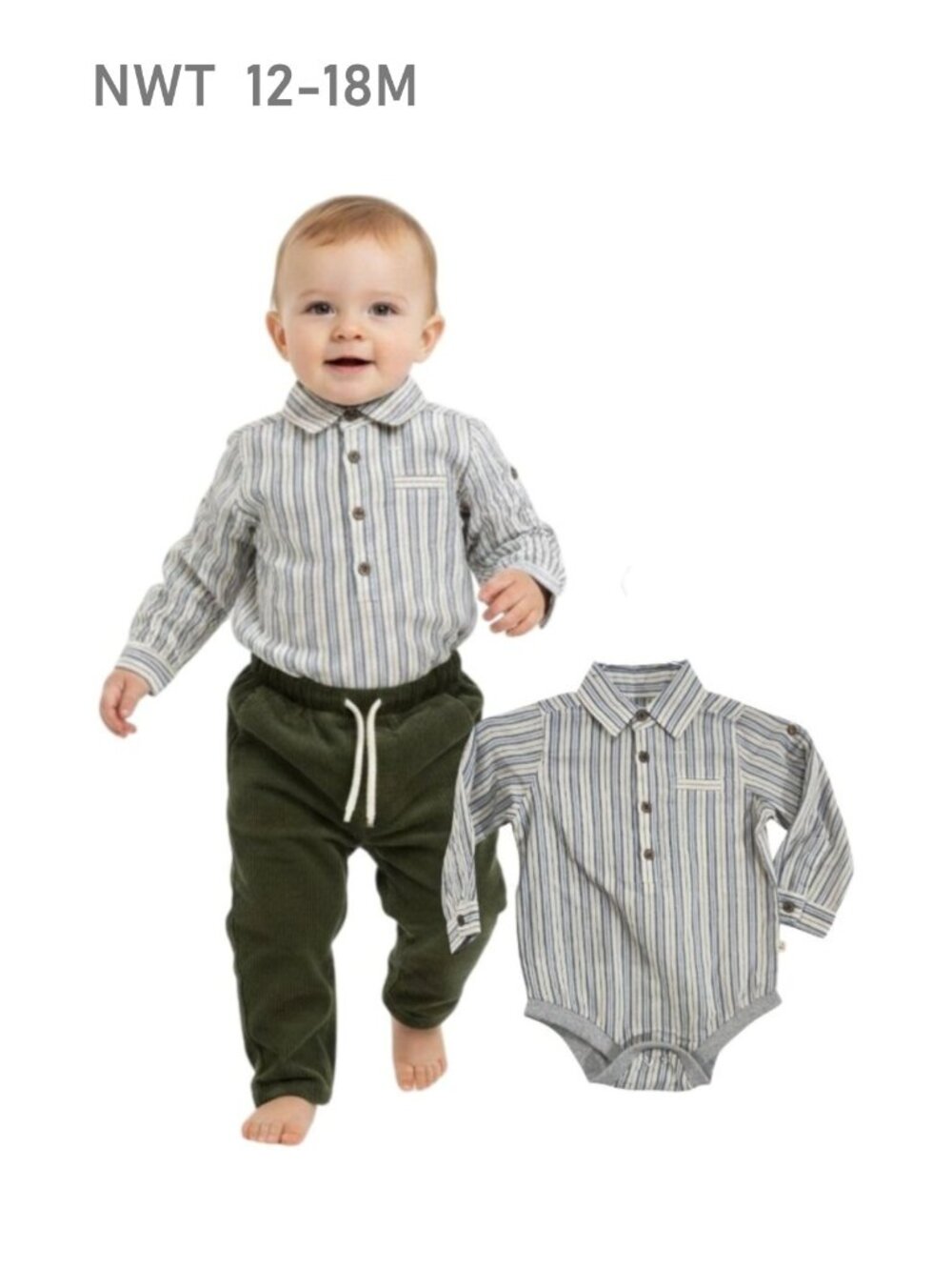 NWT - ME & HENRY Grey Stripe Woven Bodysuit - Size 12/18m